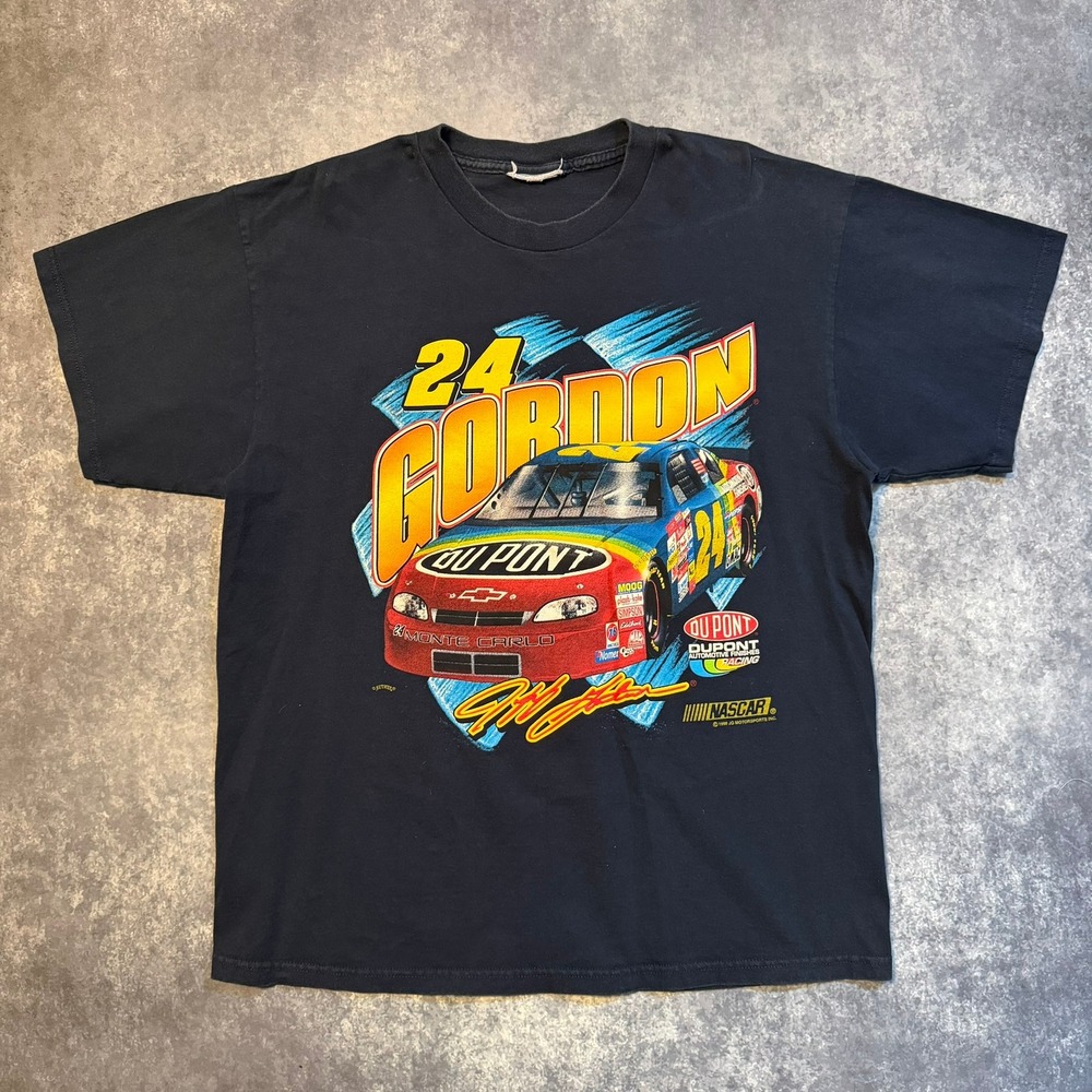 Vintage 1998 Jeff Gordon NASCAR DuPont Racing T-Shirt Navy Large Nutmeg 24 Car